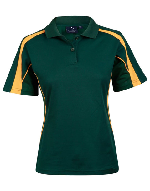 A green polo shirt with yellow detailing and a logo on the chest. Short sleeves and a classic collar design.
