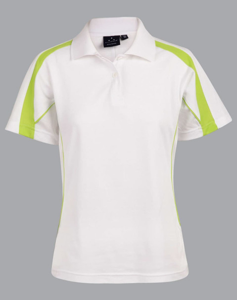 A white polo shirt with lime green accents and short sleeves, featuring a logo on the chest.