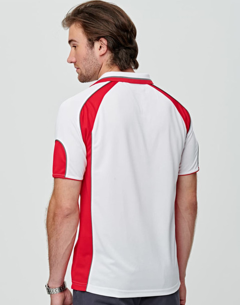 Men's polo shirt featuring a sporty design in red and white with a contrasting collar and branding.