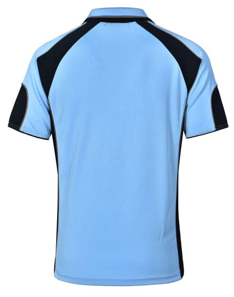 A light blue polo shirt with black accents and a logo on the back.