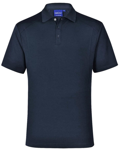A navy men's polo shirt with a collar, short sleeves, and a three-button placket. It features a logo.