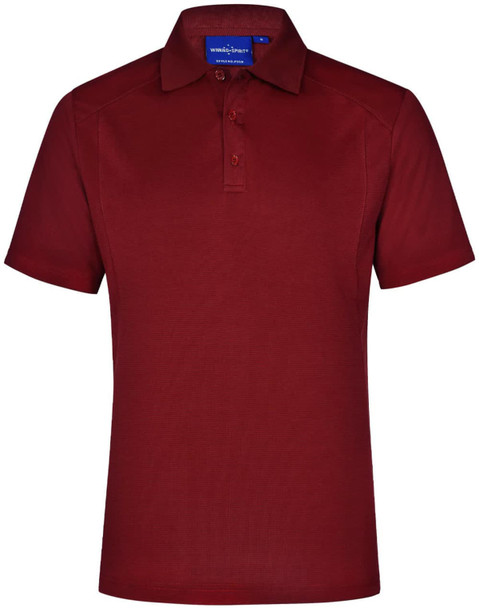 A red polo shirt with a collar and short sleeves, featuring buttons and a branding label on the neckline.