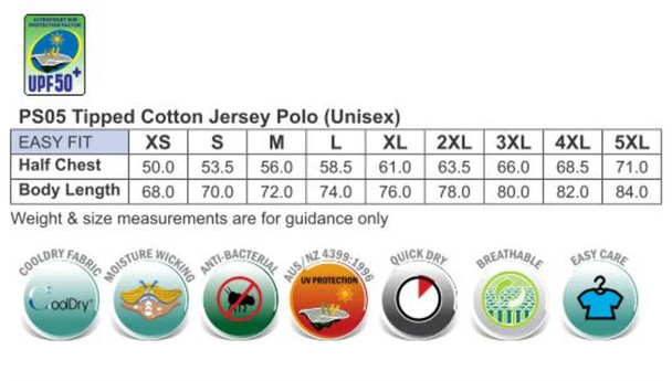 A chart displaying size specifications for the Macquarie Polo Unisex shirt in various sizes, featuring a logo.