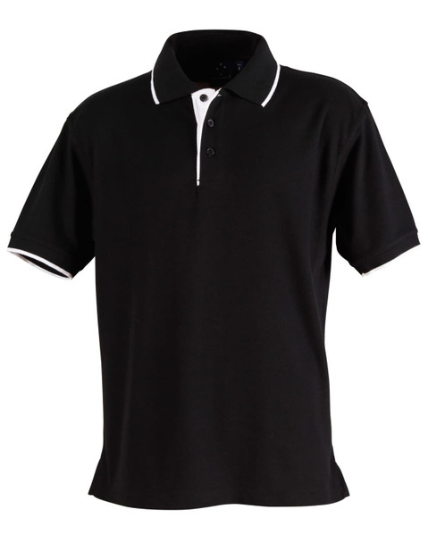 A black polo shirt with a contrasting white collar and sleeve cuffs, featuring a logo on the chest.