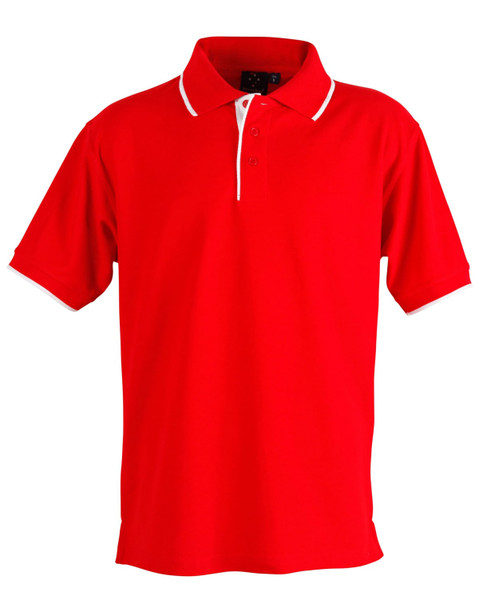 A red polo shirt with a collar, featuring white detailing and a subtle logo. Short sleeves and buttons at the neck.
