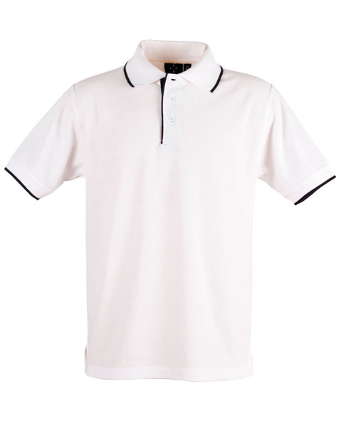 A white polo shirt with black collar and sleeve trim, featuring a logo on the chest area.