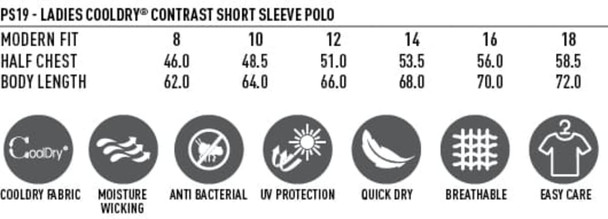 A women's polo shirt in various sizes, featuring short sleeves, a modern fit, and a logo.