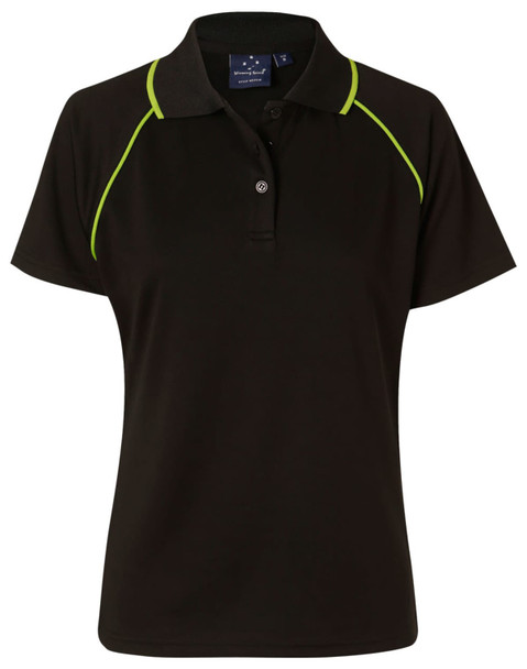 A black ladies polo shirt with green accent lines and a collar, featuring a logo on the front.