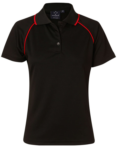 A black polo shirt with red detailing, featuring a collar and short sleeves, and includes a logo.