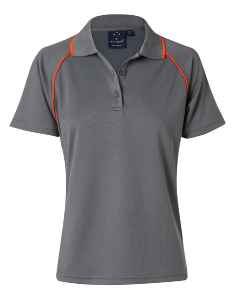 A grey ladies polo shirt featuring a collar and orange piping, with a logo on the chest.