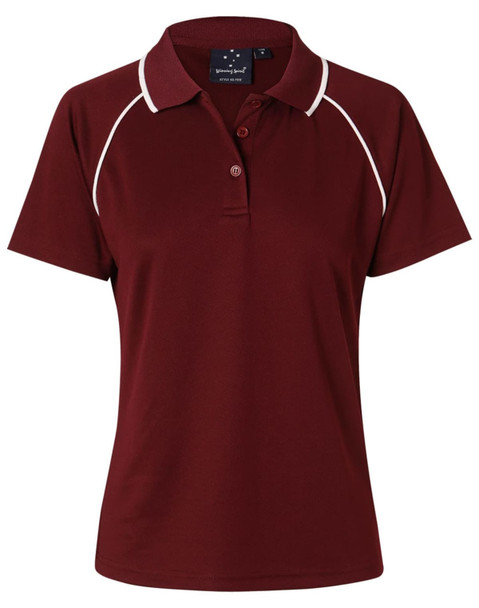 A maroon ladies polo shirt featuring a white trim and a small logo on the chest. Short sleeves and a classic collar.