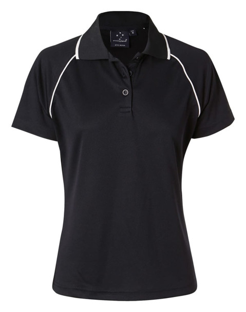 A black polo shirt featuring white piping, short sleeves, and a collar. It has a logo on the chest area.