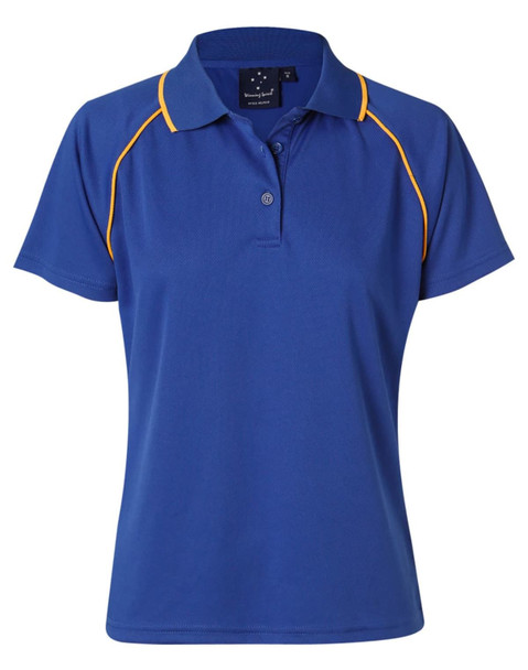 A blue polo shirt with orange piping and a collar, featuring a small logo on the neckline.