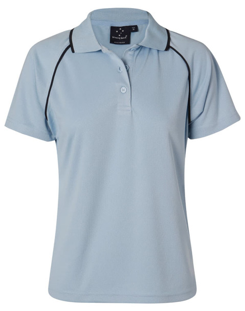 A light blue ladies polo shirt featuring black piping and a collar. It has a logo on the upper part.