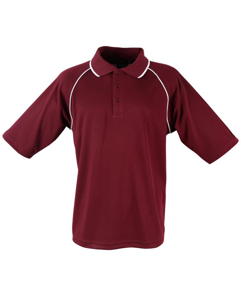 A maroon polo shirt featuring a collar, short sleeves, and white piping, complete with a logo. A maroon polo shirt featuring a collar, short sleeves, and white piping, complete with a logo.