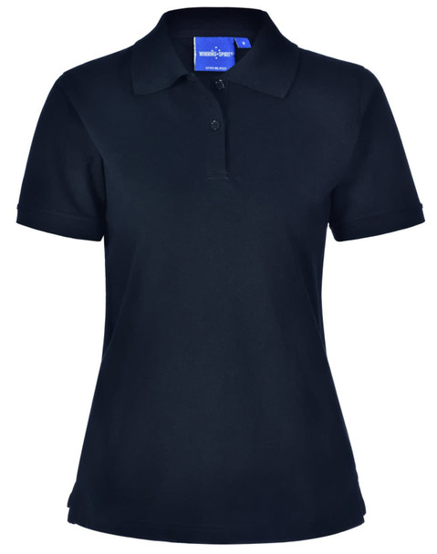 A black ladies' polo shirt with a classic collar and short sleeves, featuring a branded label. A black ladies' polo shirt with a classic collar and short sleeves, featuring a branded label.