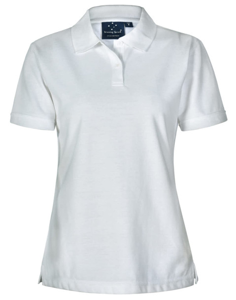 A white ladies' polo shirt with a collar and short sleeves, featuring a logo on the chest. A white ladies' polo shirt with a collar and short sleeves, featuring a logo on the chest.