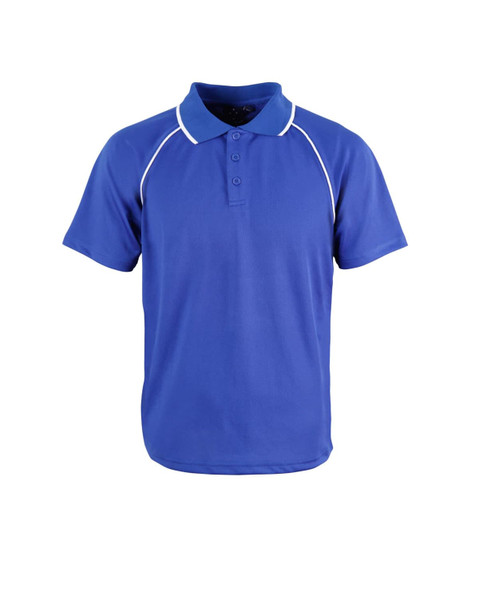 A blue polo shirt featuring white piping and a three-button placket, with a logo on the chest.