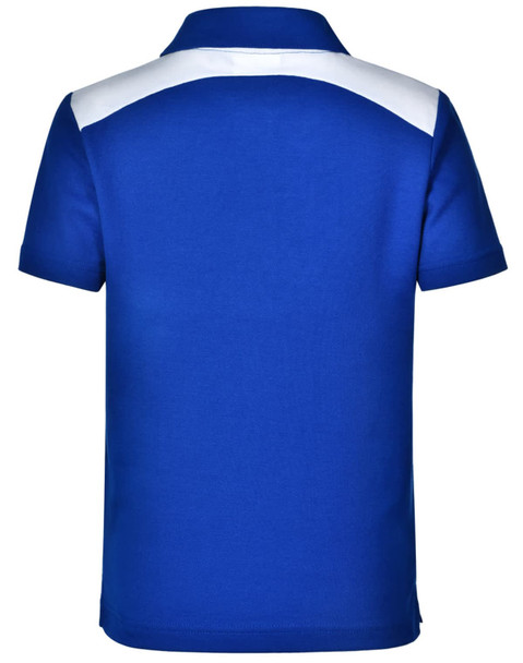 A blue children's polo shirt featuring a white shoulder design and a logo on the back.