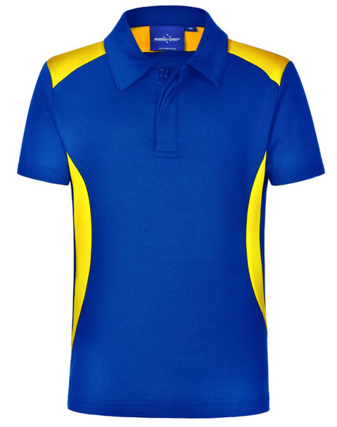 A blue and yellow polo shirt featuring a collar and short sleeves, with a logo on the upper side.
