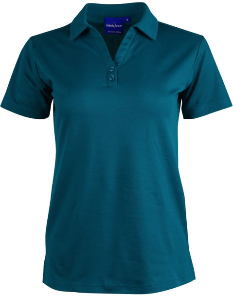 A teal short sleeve polo shirt with a collar and three button placket, featuring a branding logo.