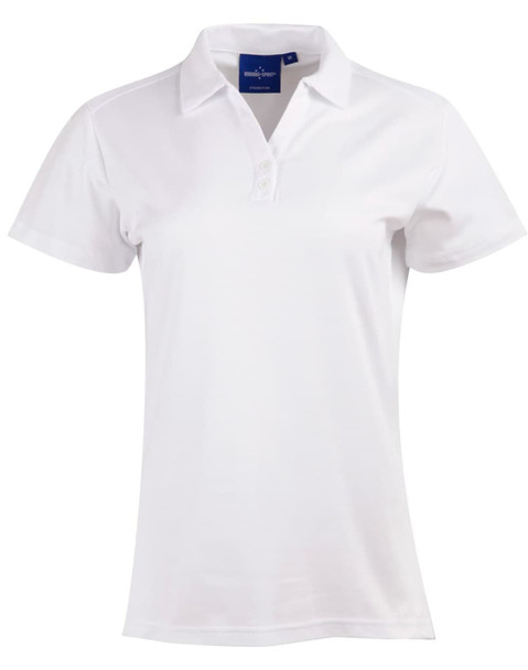 A white short sleeve polo shirt with a classic collar and a logo on the chest.