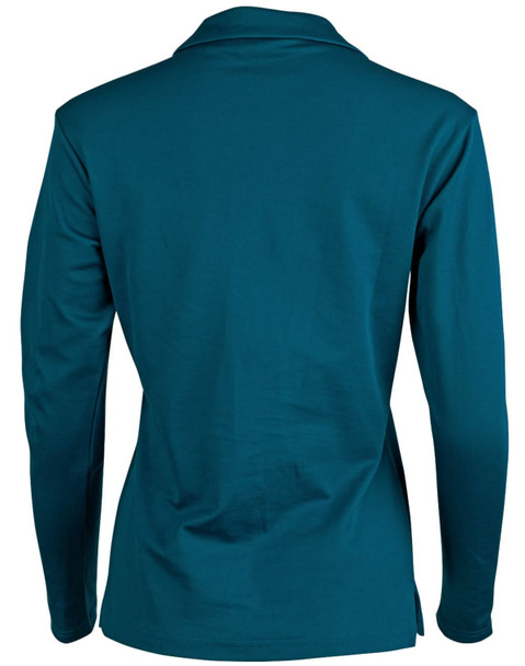A long sleeve polo shirt in teal with a plain back and a collar. It features a logo on the front.
