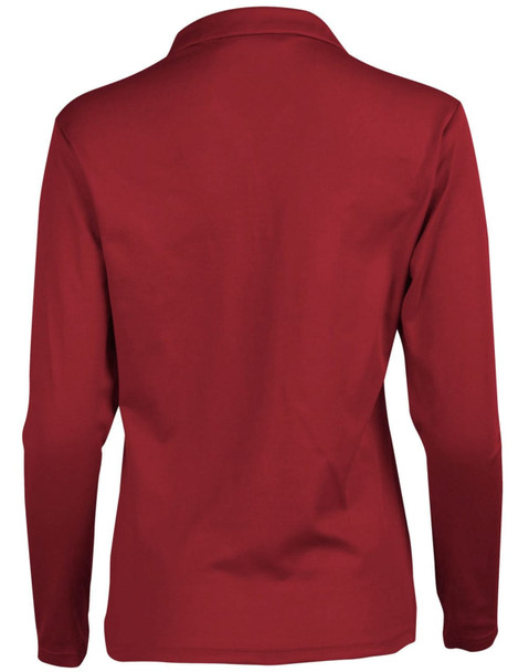 A long sleeve polo shirt in deep red with a back view, featuring a collar and a logo.