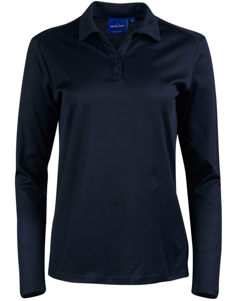 A dark navy long sleeve polo shirt with a collar and three buttons, featuring a logo on the front.