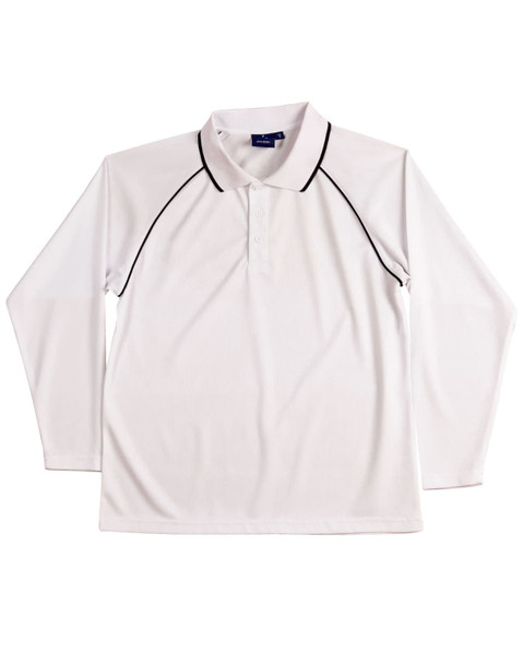 A long-sleeve white polo shirt with black trim and a logo.