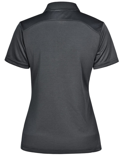 A dark grey ladies' polo shirt with a collar and a logo on the back.