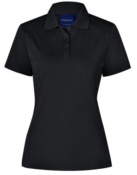 A black ladies' polo shirt featuring a collar, three buttons, and a logo. The fabric has a textured appearance.