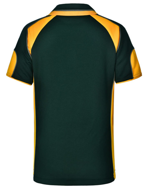 A green and gold kid's polo shirt with a contrasting design, featuring a logo on the front.