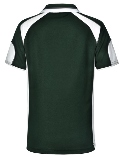 A green polo shirt with white accents and a logo on the back. Ideal for kids’ casual wear.