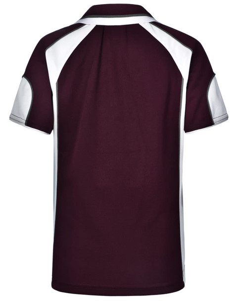 A maroon and white polo shirt featuring a logo on the back and contrast panel details.