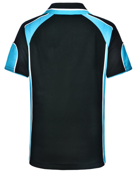 A black polo shirt with turquoise accents and a logo on the back.