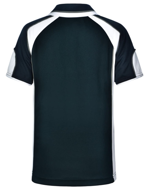 A dark green polo shirt featuring a contrasting white trim and a logo on the front.