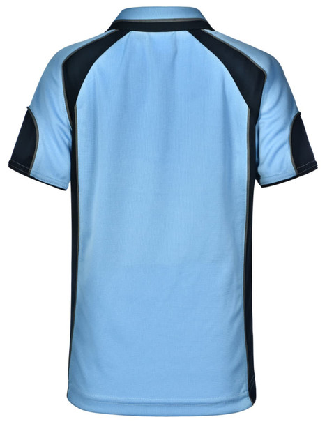 A light blue children's polo shirt featuring dark blue accents and a logo on the front.