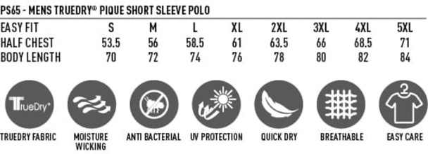 A promotional image of the Men's Grace Polo listing size measurements, fabric details, and features in a tabular format.