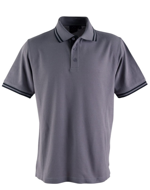 A men's grey polo shirt featuring a classic collar and contrasting stripes on the sleeves. It has a logo on the chest.
