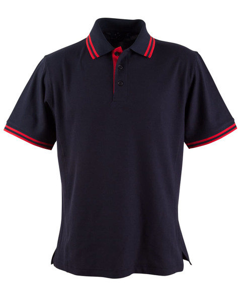 A navy blue polo shirt with red-striped accents on the collar and sleeves, featuring a logo.