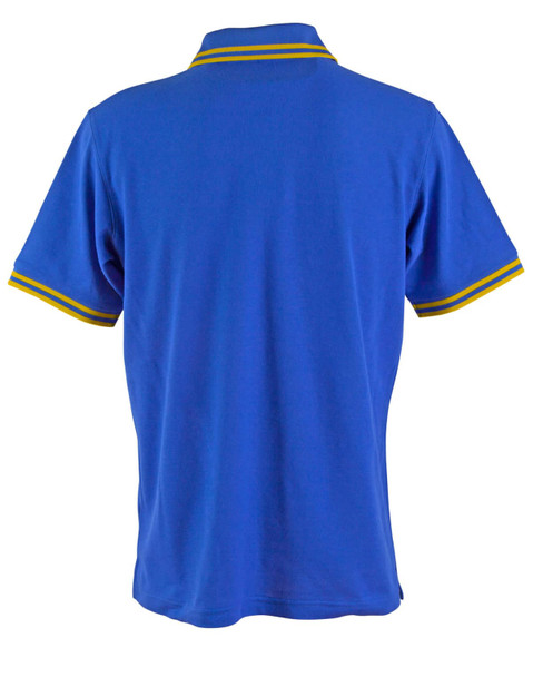 A blue polo shirt with yellow and green striped detailing on the collar and sleeves. It features a logo.