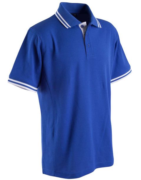 A blue polo shirt with white striped accents on the collar and sleeves, featuring a logo.