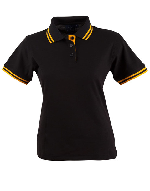 A black polo shirt with yellow striped detailing on the collar and sleeves. It features a logo on the chest.