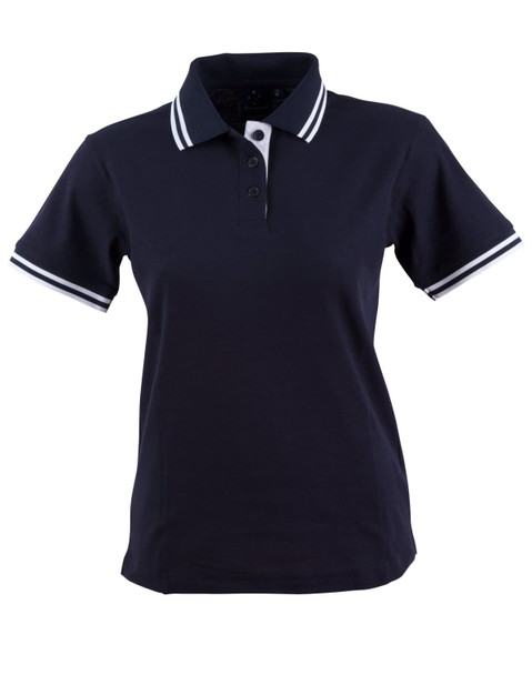 A navy blue ladies' polo shirt with white striped detailing on the collar and sleeves, featuring a logo.