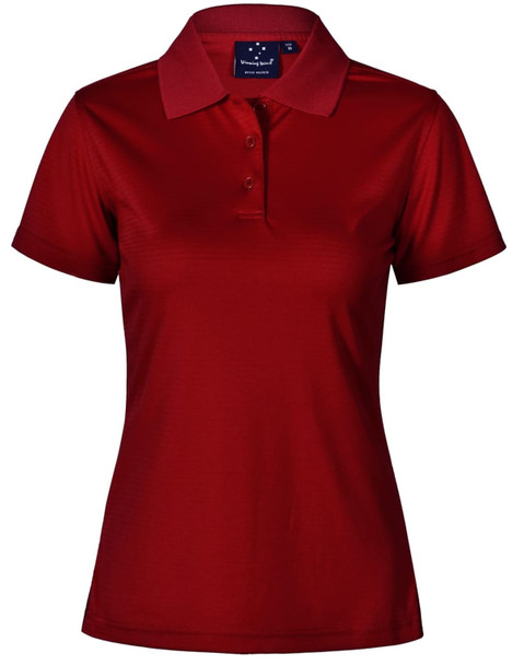 A red textured polo shirt for ladies with a collar and three buttons, featuring a logo on the neckline.