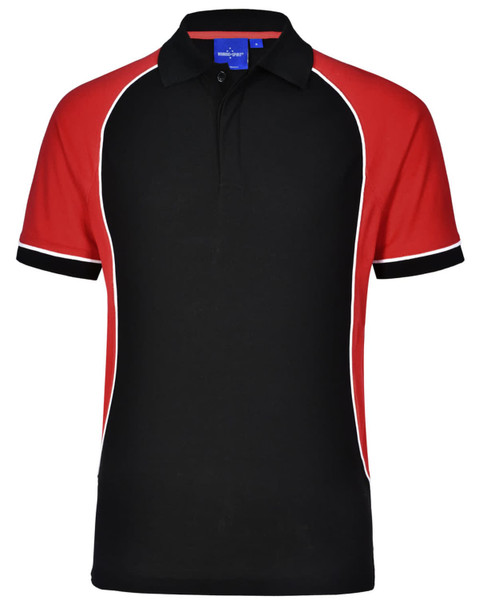 A tri-colour short-sleeve polo shirt featuring black, red, and white accents, with a collar and a logo.