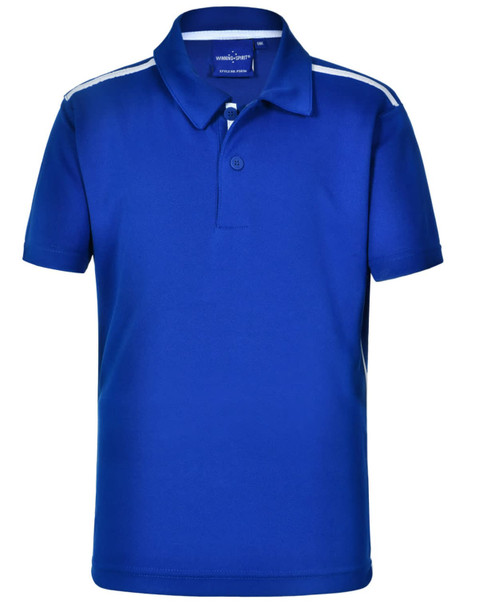 A blue kids' polo shirt with short sleeves and contrast white stripes, featuring a collar and button placket. A blue kids' polo shirt with short sleeves and contrast white stripes, featuring a collar and button placket.