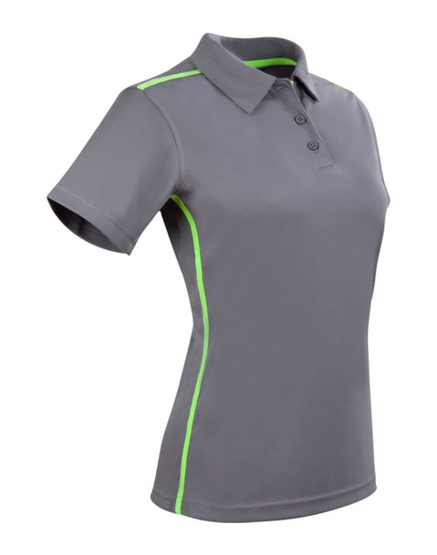 A grey ladies' short sleeve polo shirt featuring contrast green side detailing and a collar. It has a logo on it.
