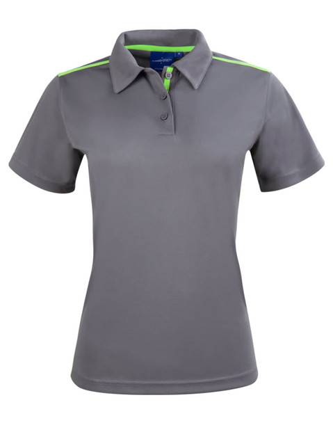 A grey ladies' short sleeve polo shirt with contrasting green detailing and a logo.